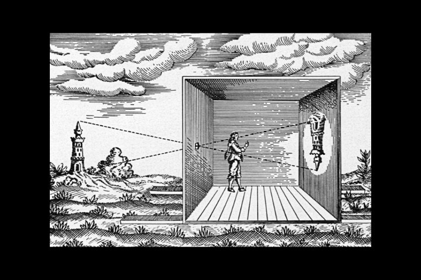 Caméra obscura illustrant la formation d'une image par la lumière