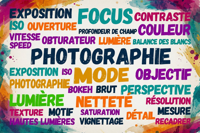 Nuage de termes photographiques avec les notions essentielles de la photographie comme ISO, ouverture, focale et bokeh